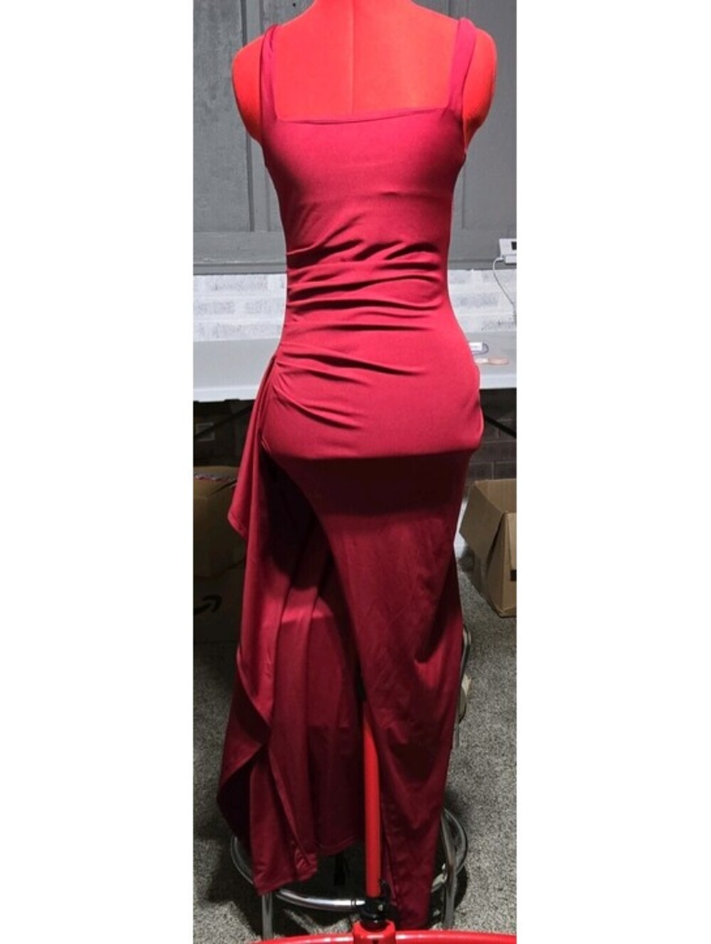 Red Solid Maxi Dress XS Square Neck Ruffle Pullover Stretch Jersey Polyester